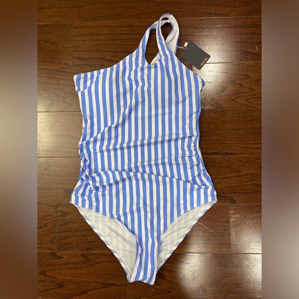 BEILON Stripe Size Medium One Shoulder 1Pc Swimsuit Tummy Control Cut Out Strap